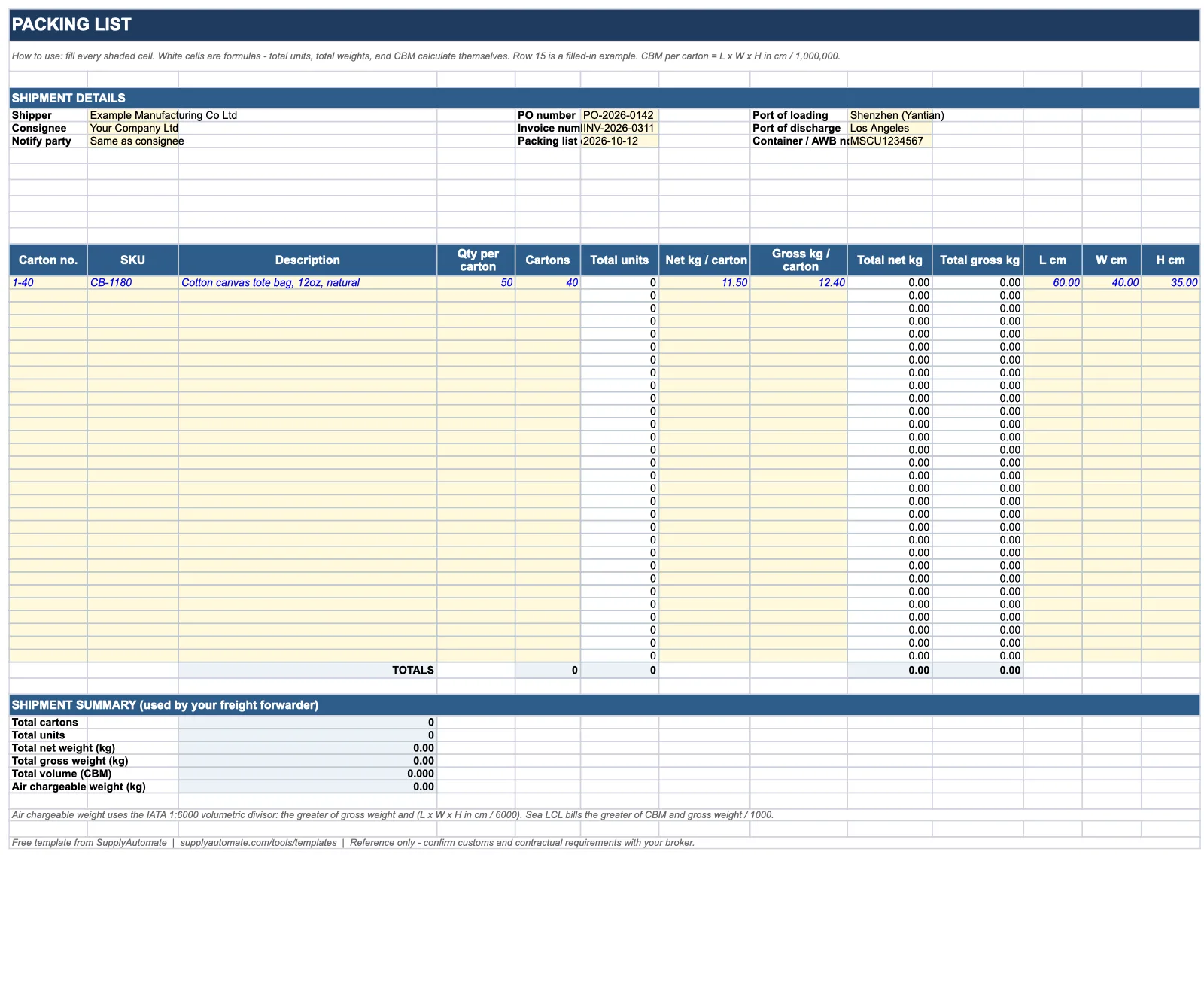 Excel packing list template showing CBM and chargeable weight columns