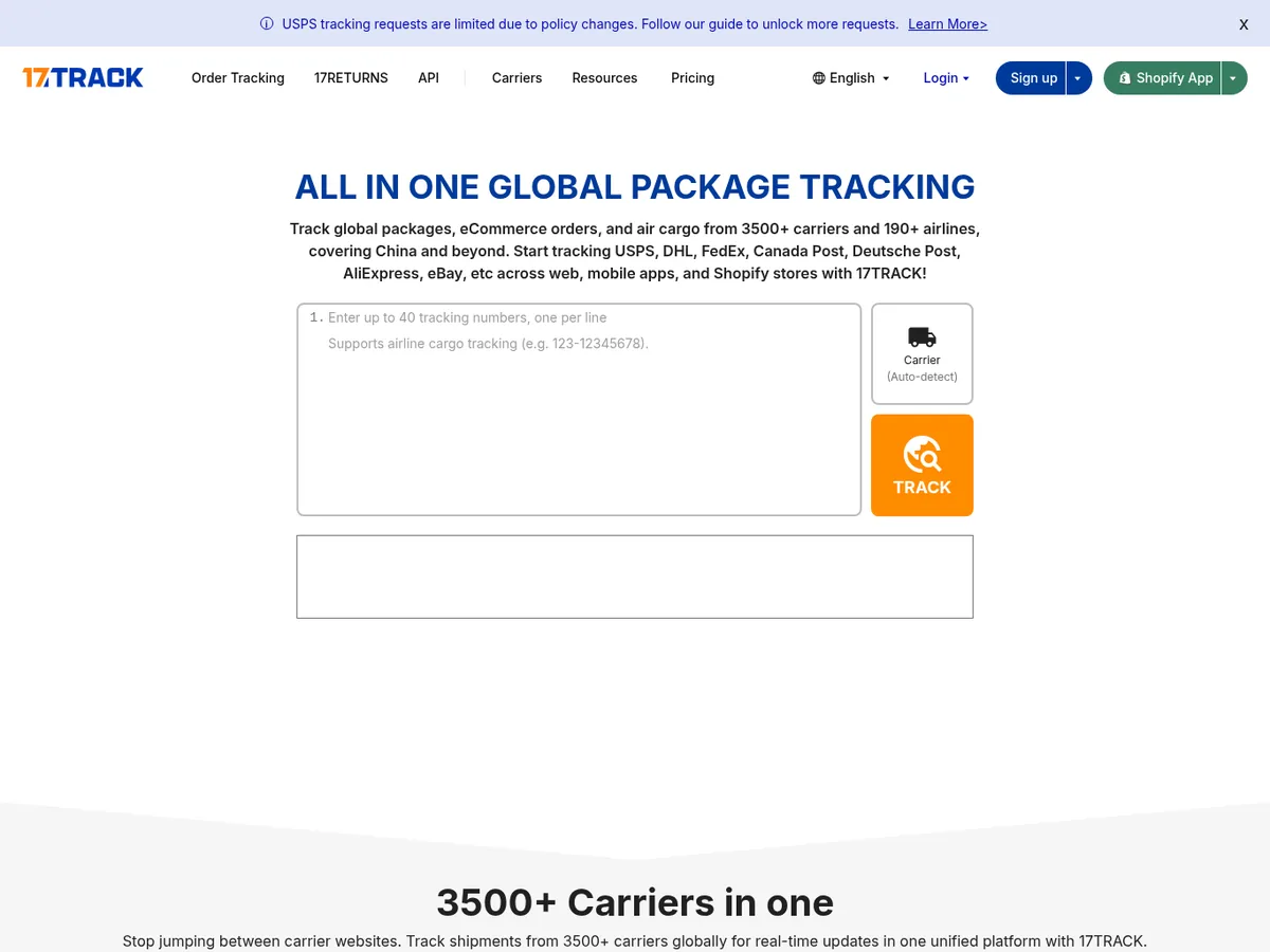 17TRACK homepage with the headline All in one global package tracking, a box to enter up to 40 tracking numbers, and logos for carriers such as USPS, FedEx, China Post, UPS, DHL, YunExpress, and Cainiao