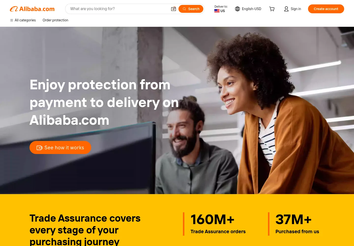 Alibaba Trade Assurance page with the headline Enjoy protection from payment to delivery on Alibaba.com, showing 160M plus Trade Assurance orders