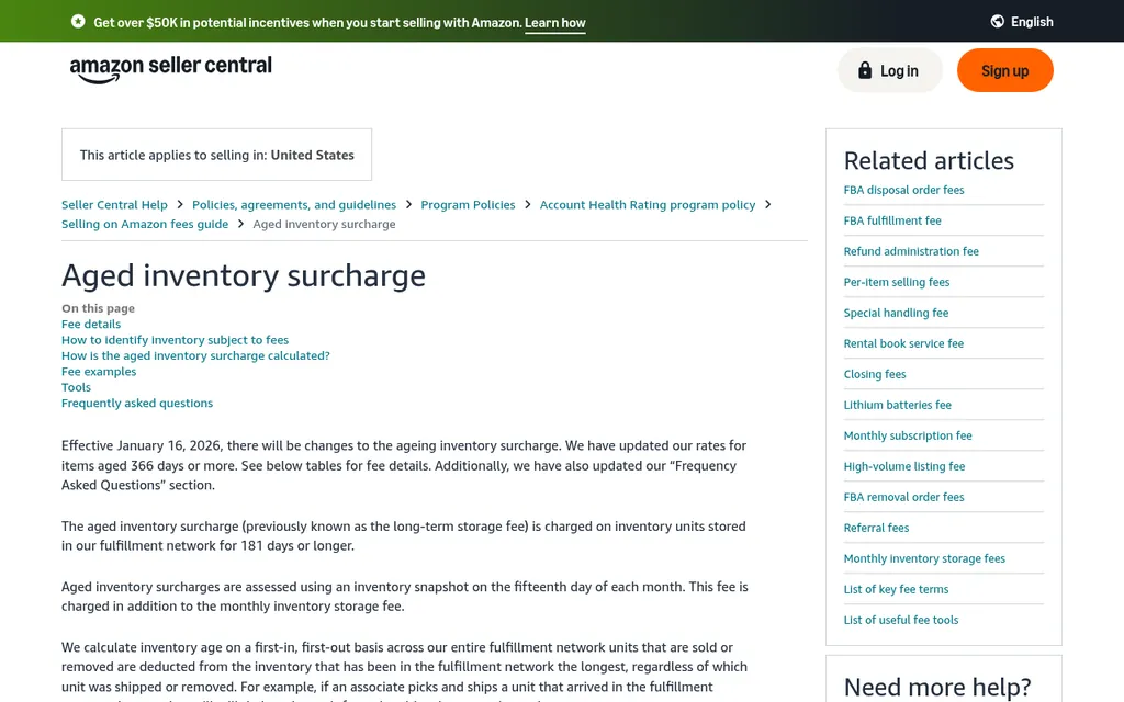 Amazon Seller Central Help page titled Aged inventory surcharge, noting fee changes effective January 16, 2026 and that the surcharge is assessed on inventory stored 181 days or more