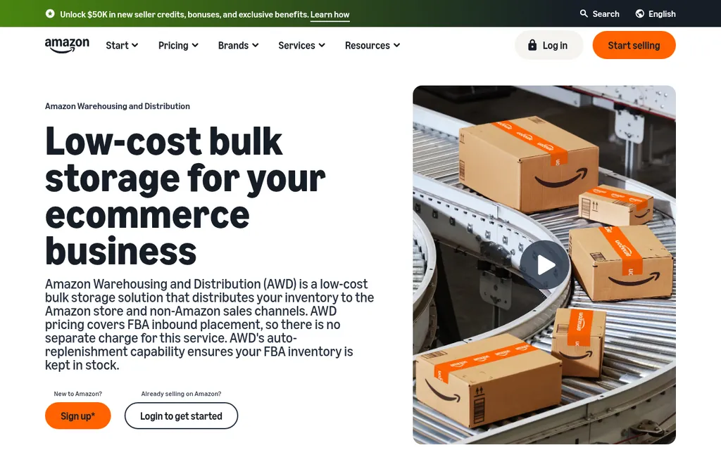 Amazon Warehousing and Distribution page with the headline Low-cost bulk storage for your ecommerce business and a note that AWD auto-replenishment keeps FBA inventory in stock