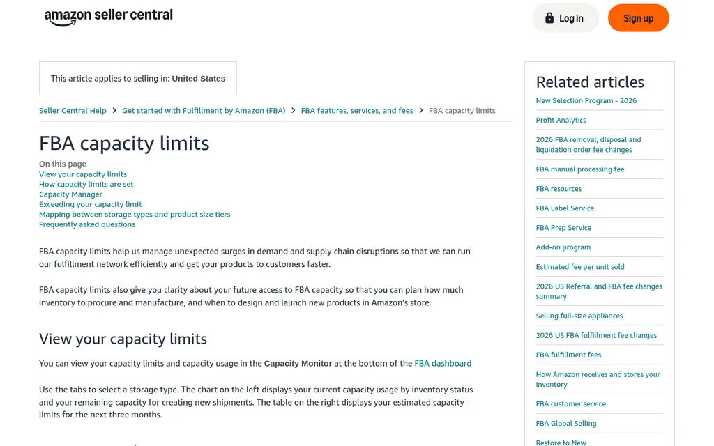 Amazon Seller Central Help page titled FBA capacity limits, explaining that capacity limits help Amazon manage demand and that sellers can view limits in the Capacity Monitor on the FBA dashboard
