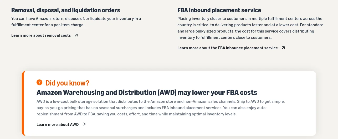 Sell on Amazon FBA page section titled FBA inbound placement service, explaining that the fee covers distributing standard and large bulky inventory to fulfillment centers close to customers, next to a note about Amazon Warehousing and Distribution