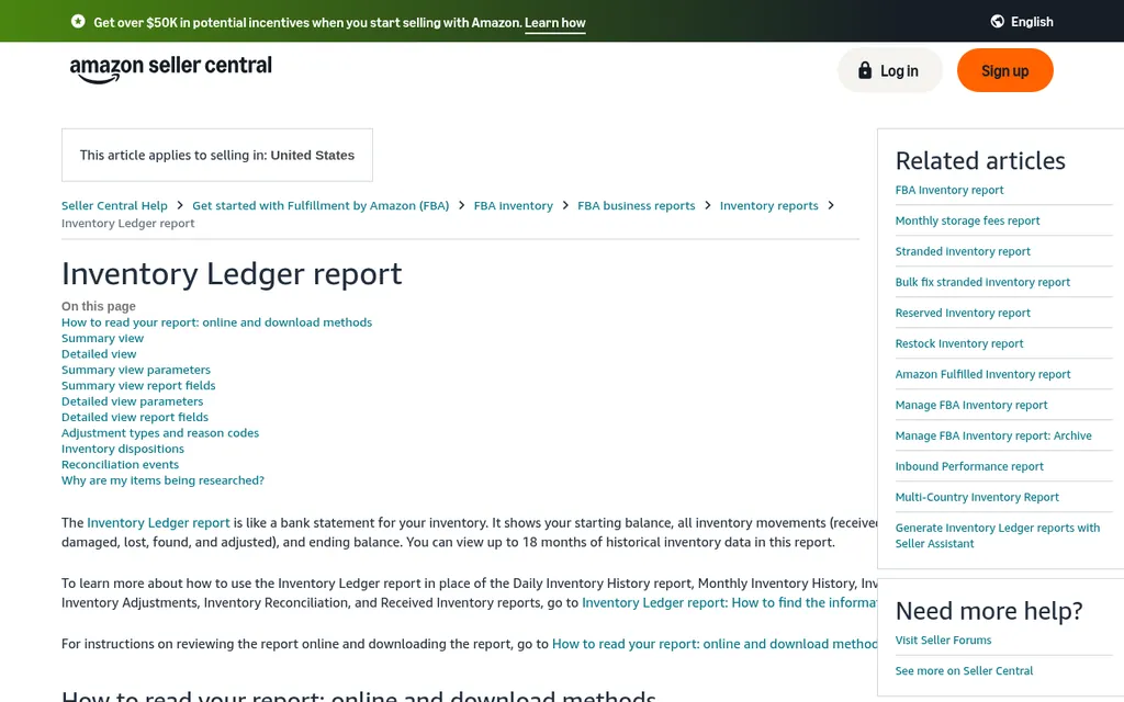 Amazon Seller Central Help page titled Inventory Ledger report, describing it as like a bank statement for your inventory with starting balance, receipts, orders, returns, adjustments, and ending balance