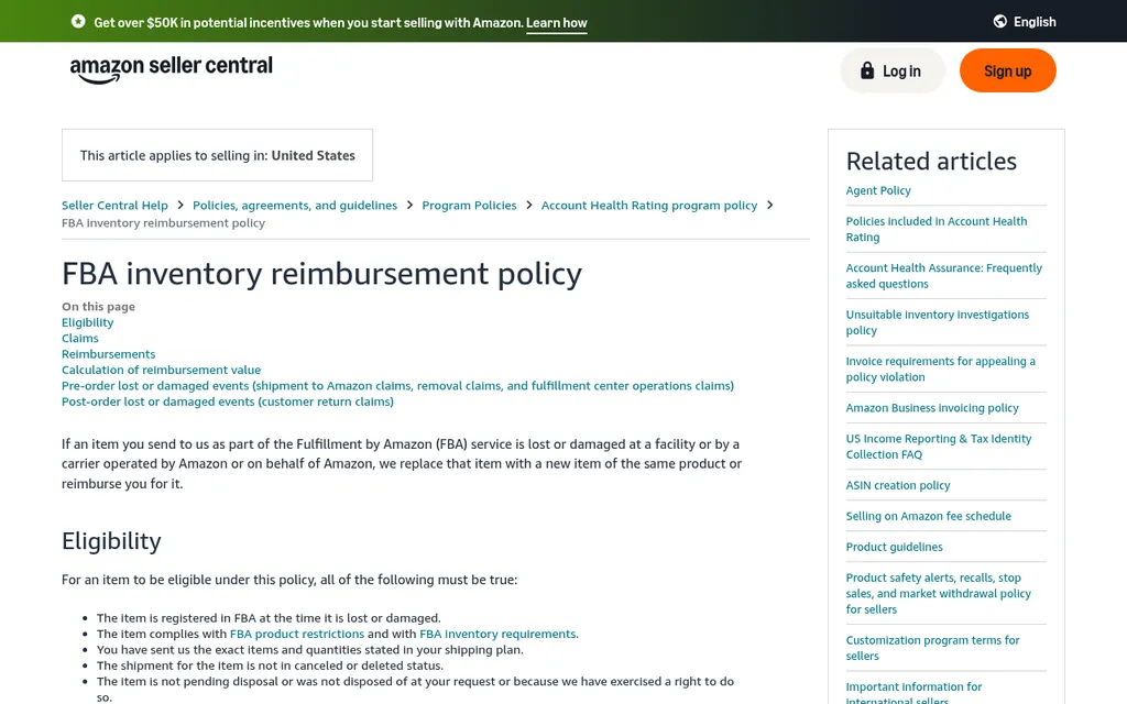 Amazon Seller Central Help page titled FBA inventory reimbursement policy, explaining that Amazon replaces or reimburses items lost or damaged at its facilities or by carriers operated by or for Amazon