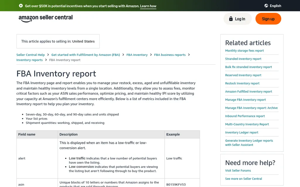 Amazon Seller Central Help page titled FBA Inventory report, explaining the inventory page for managing sellable and unsellable FBA inventory, with fields such as alert and FNSKU