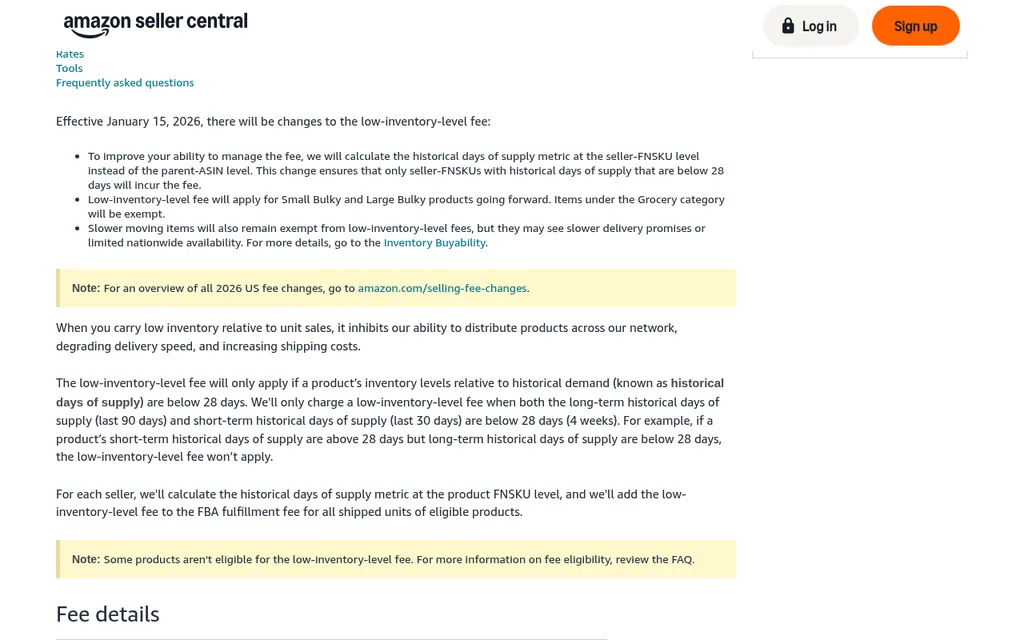 Amazon Seller Central Help page for the low-inventory-level fee explaining the January 15, 2026 changes and that the fee applies when both long-term and short-term historical days of supply are below 28 days