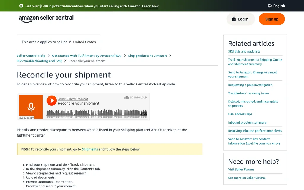 Amazon Seller Central Help page titled Reconcile your shipment, listing the steps to find a shipment, open the Contents tab, view discrepancies, and request research