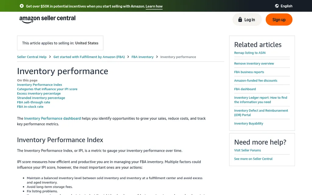 Amazon Seller Central Help page titled Inventory performance, describing the Inventory Performance dashboard and the Inventory Performance Index