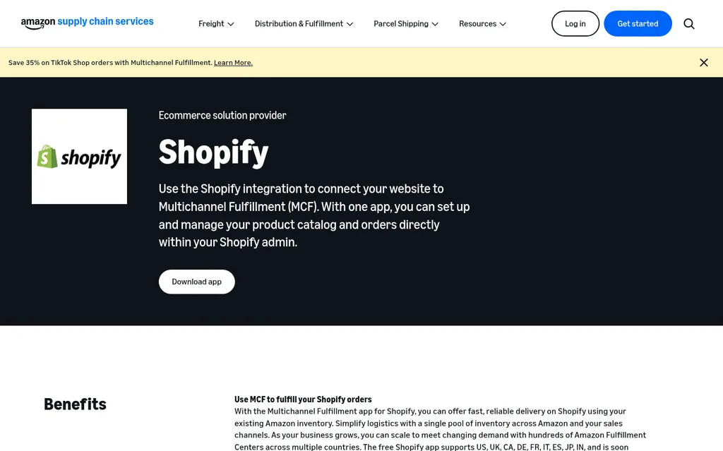 Amazon Supply Chain Services page for the Shopify integration explaining that the Multichannel Fulfillment app connects a Shopify website to MCF and manages catalog and orders inside the Shopify admin