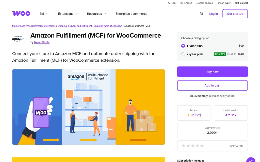 WooCommerce Marketplace listing for Amazon Fulfillment (MCF) for WooCommerce by Never Settle with a one year plan priced at 99 dollars