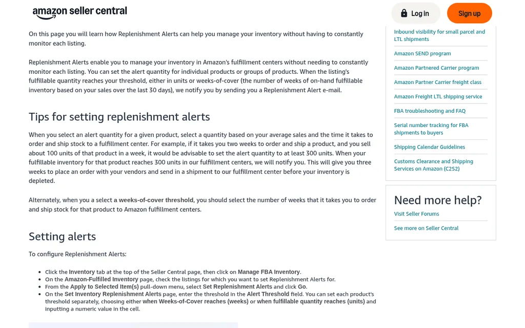 Amazon Seller Central Help page for Replenishment Alerts explaining that you set an alert threshold in units or weeks of cover and Amazon sends a Replenishment Alert email when fulfillable quantity reaches it