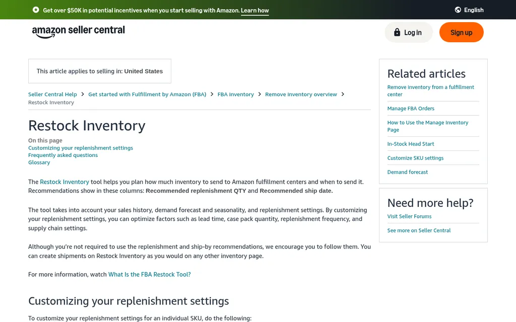 Amazon Seller Central Help page for Restock Inventory explaining that it recommends replenishment quantities and ship dates based on sales history, demand forecast, and replenishment settings