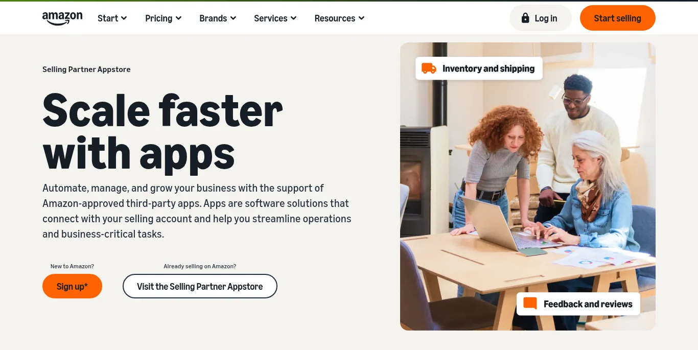 Amazon Selling Partner Appstore page explaining that Amazon-approved third-party apps connect with your selling account to help streamline operations, with buttons to sign up or visit the Appstore