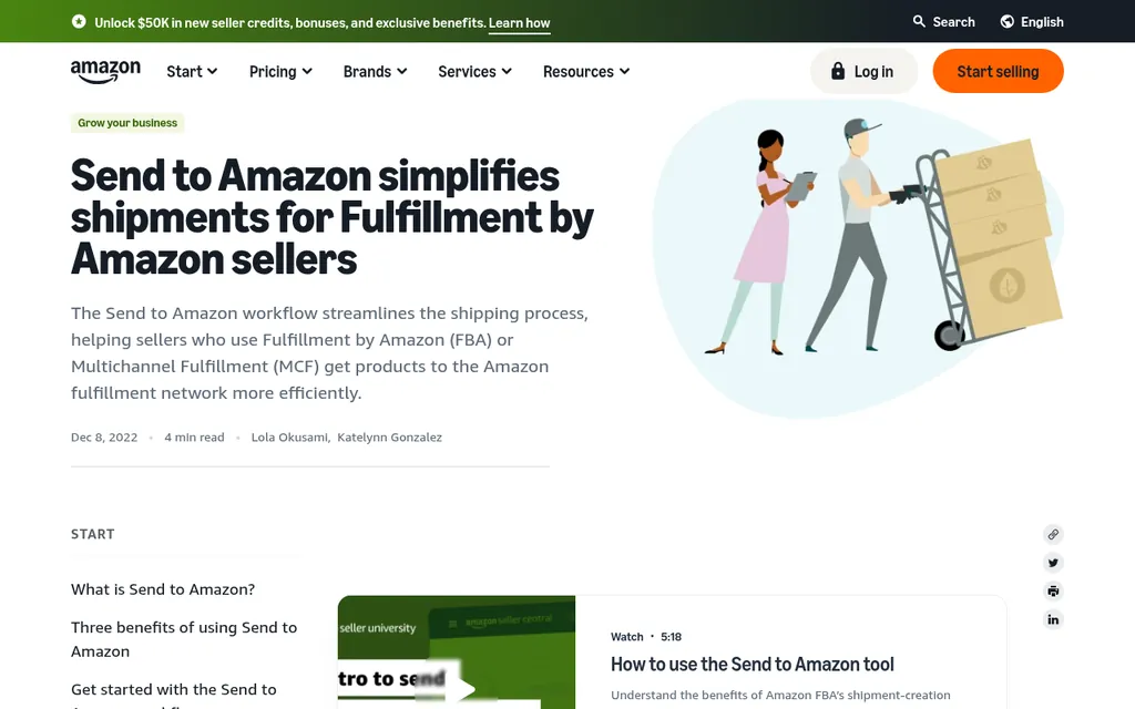 Sell on Amazon blog post titled Send to Amazon simplifies shipments for Fulfillment by Amazon sellers