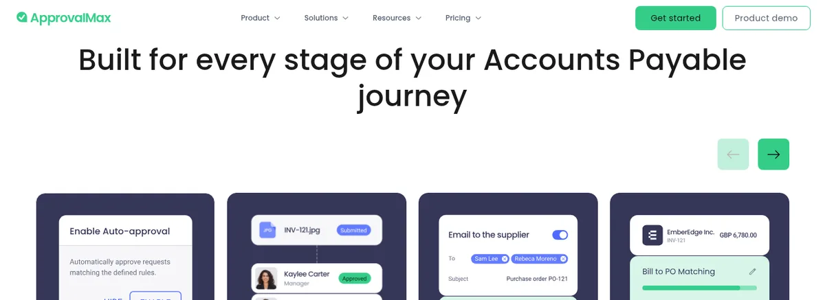 ApprovalMax page with the headline Built for every stage of your Accounts Payable journey, showing cards for approval automation, bill processing with two approvers, purchase order management, and bill to PO matching