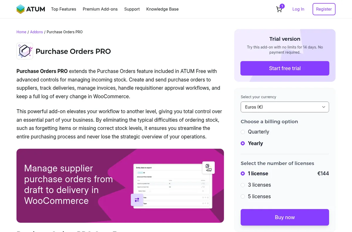 ATUM Purchase Orders PRO add-on page explaining that it extends the free ATUM purchase orders with supplier sending, delivery tracking, invoices, and approval workflows, with a 14-day free trial and a yearly license price