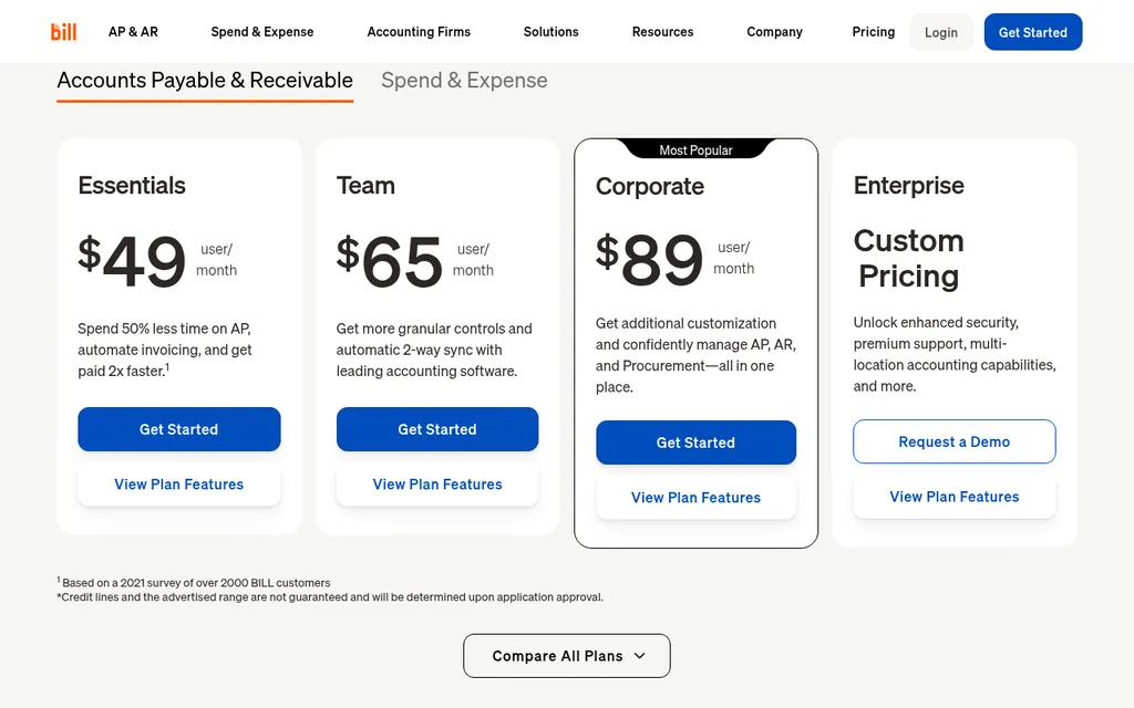 BILL pricing page showing Essentials at $49, Team at $65, and Corporate at $89 per user per month, and Enterprise with custom pricing