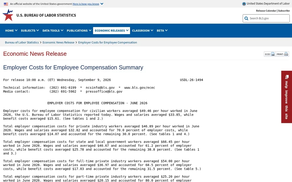 BLS Employer Costs for Employee Compensation news release for June 2026 showing wages at 70 percent and benefits at 30 percent of private industry compensation costs