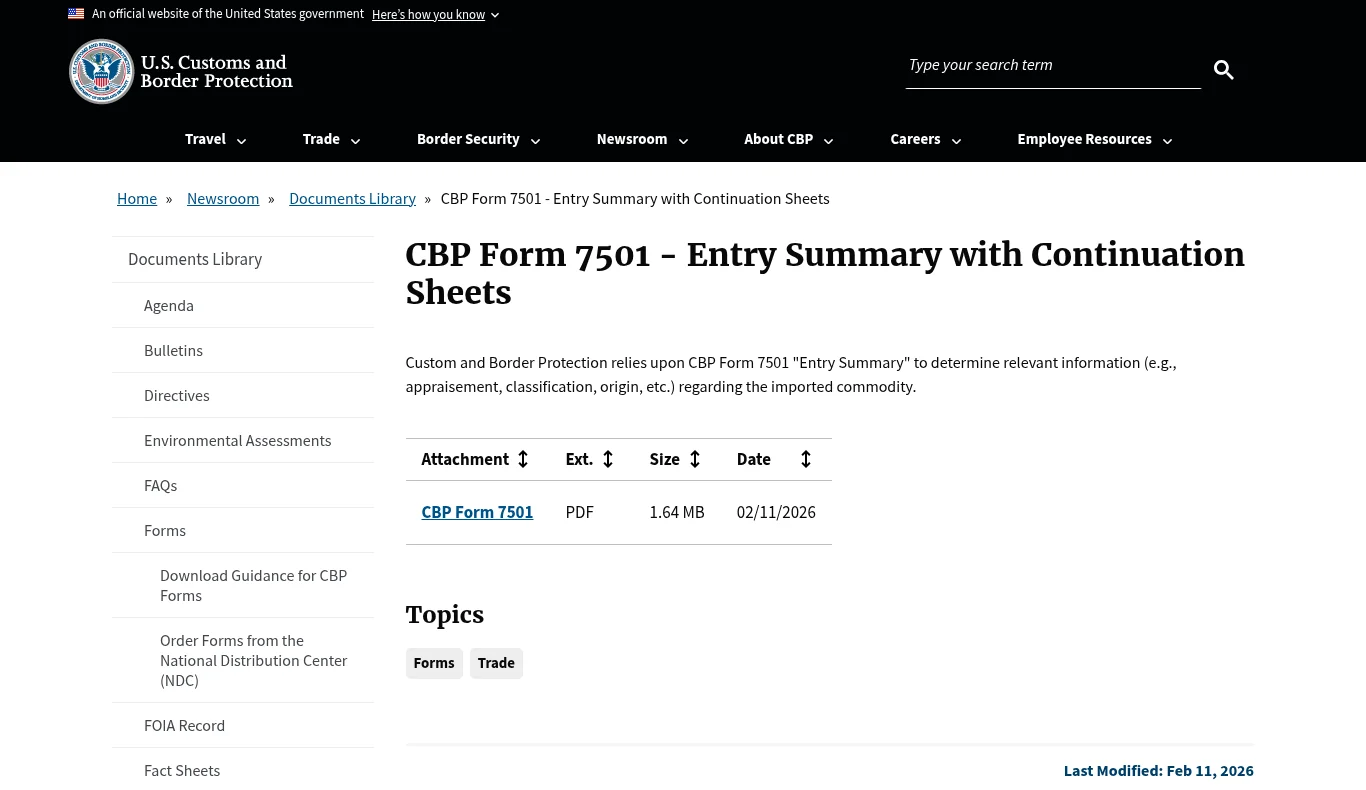 CBP Form 7501 Entry Summary with Continuation Sheets page on the U.S. Customs and Border Protection website, explaining that CBP relies on the entry summary to determine appraisement, classification, and origin