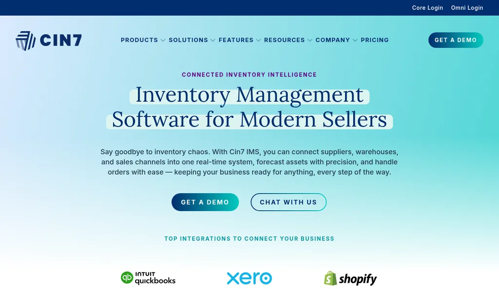 Cin7 homepage with the headline Inventory Management Software for Modern Sellers and logos for QuickBooks, Xero, and Shopify integrations