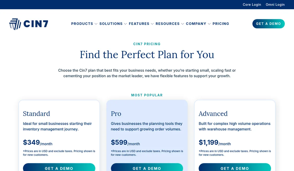 Cin7 pricing page showing Standard at $349 a month, Pro at $599 a month, and Advanced at $1,199 a month