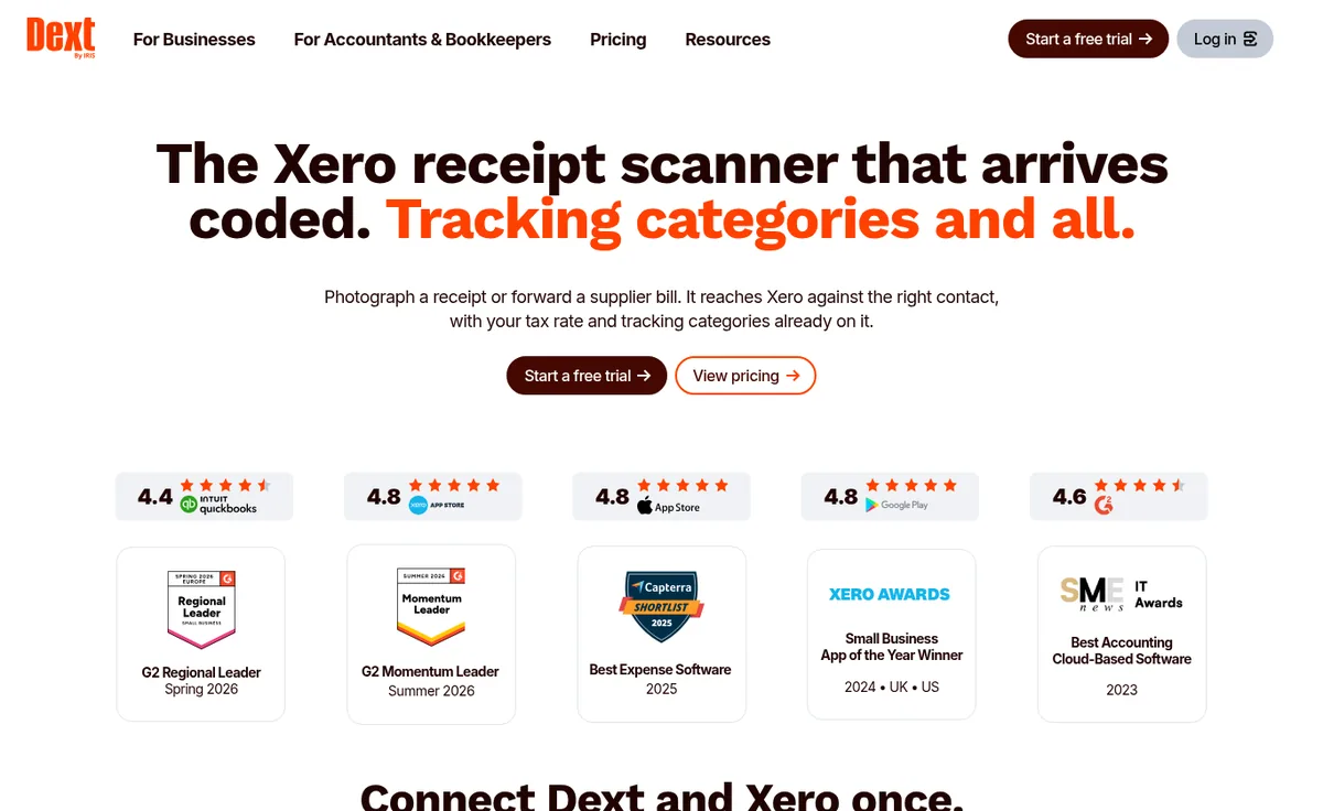 Dext page with the headline The Xero receipt scanner that arrives coded, explaining that a forwarded supplier bill reaches Xero against the right contact with tax rate and tracking categories applied
