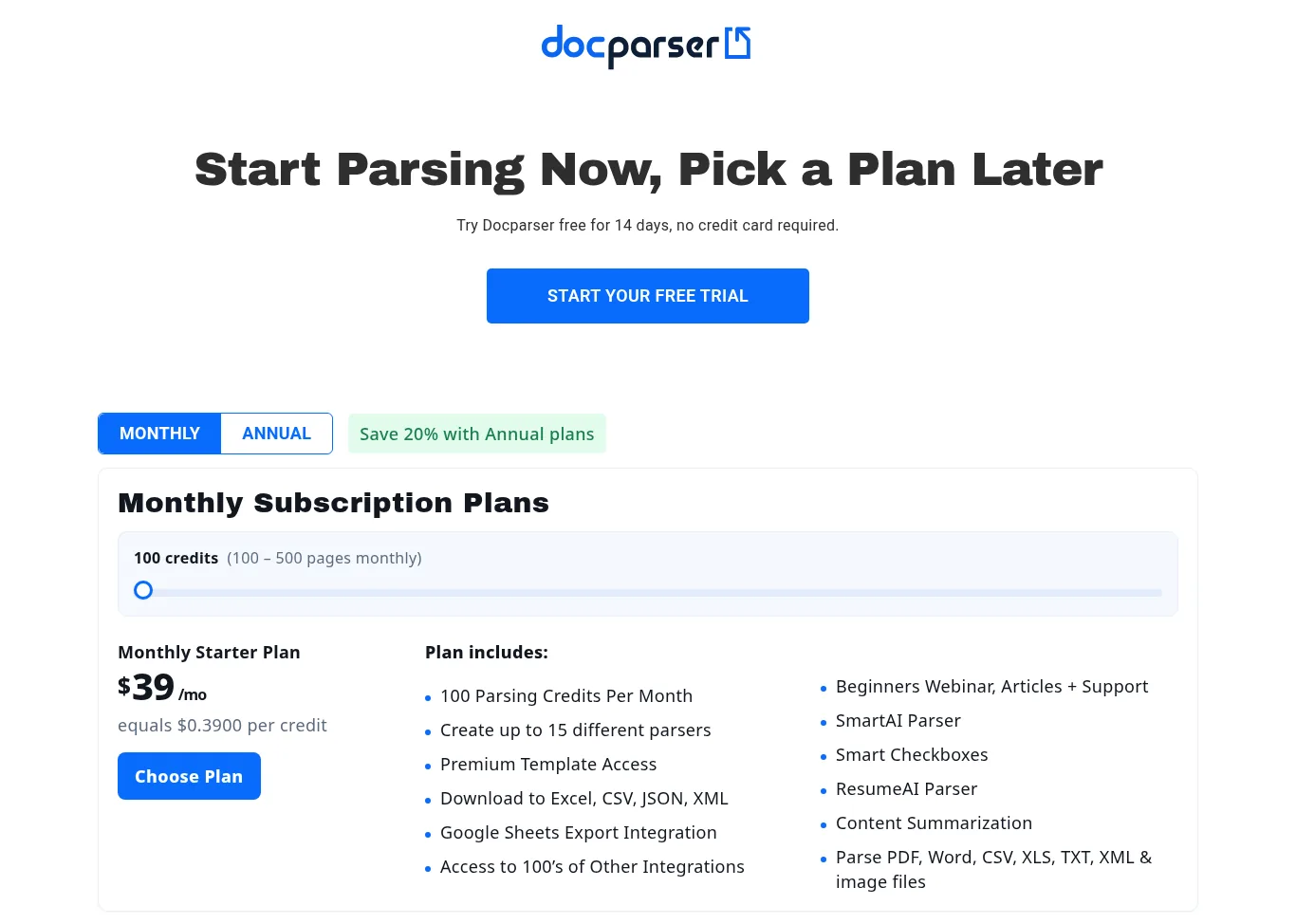 Docparser pricing page with a 14-day free trial, a monthly Starter plan at $39 per month for 100 credits, and yearly plans at $32.50, $61.50, and $133.00 per month