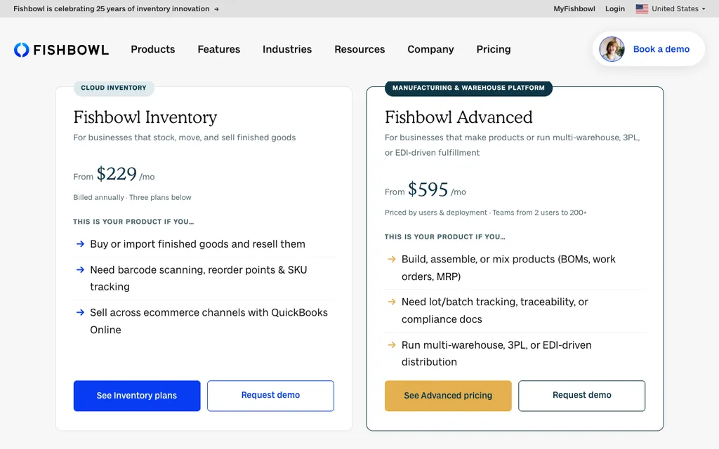 Fishbowl pricing page showing Fishbowl Inventory from $229 a month billed annually and Fishbowl Advanced from $595 a month