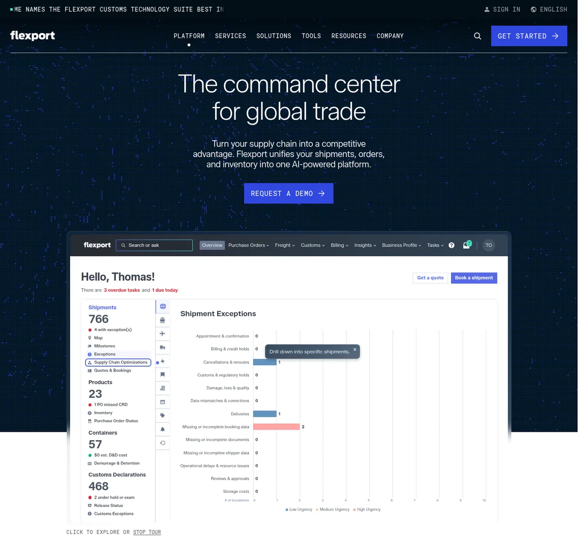 Flexport platform page with the headline The command center for global trade and a dashboard showing shipments, products, containers, and customs declarations with a shipment exceptions chart