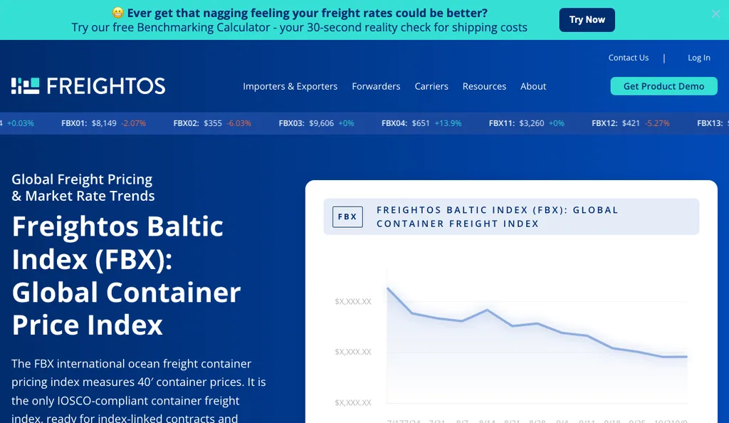 Freightos Baltic Index page describing FBX as a global container price index with a chart of 40 foot container prices