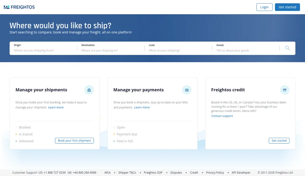 Freightos Marketplace search page asking where you would like to ship, with origin, destination, load, and goods fields