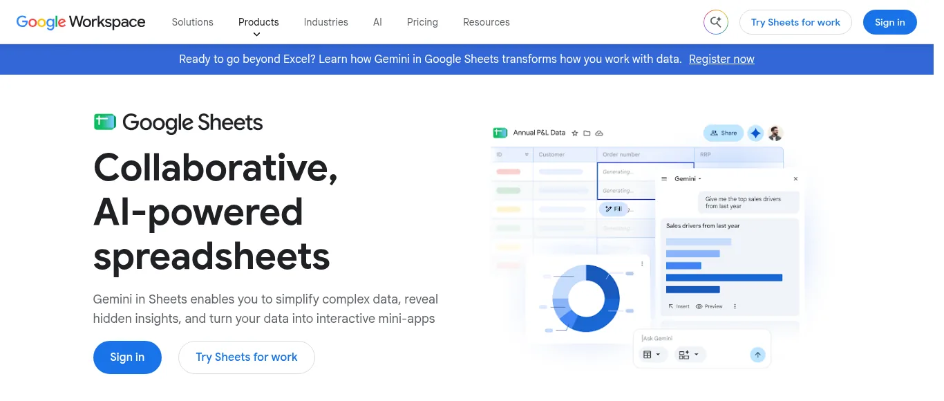 Google Sheets product page on Google Workspace describing collaborative spreadsheets, with Sign in and Try Sheets for work buttons