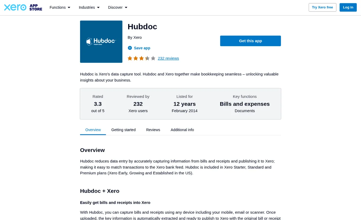 Xero App Store listing for Hubdoc by Xero, describing it as Xero's data capture tool and noting that Hubdoc is included in Xero Early, Growing, and Established plans in the US