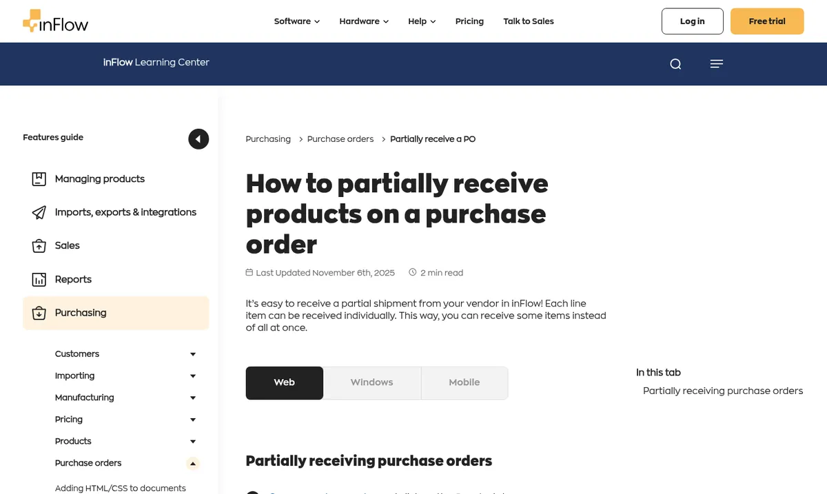 inFlow Learning Center article How to partially receive products on a purchase order, explaining each line item can be received individually