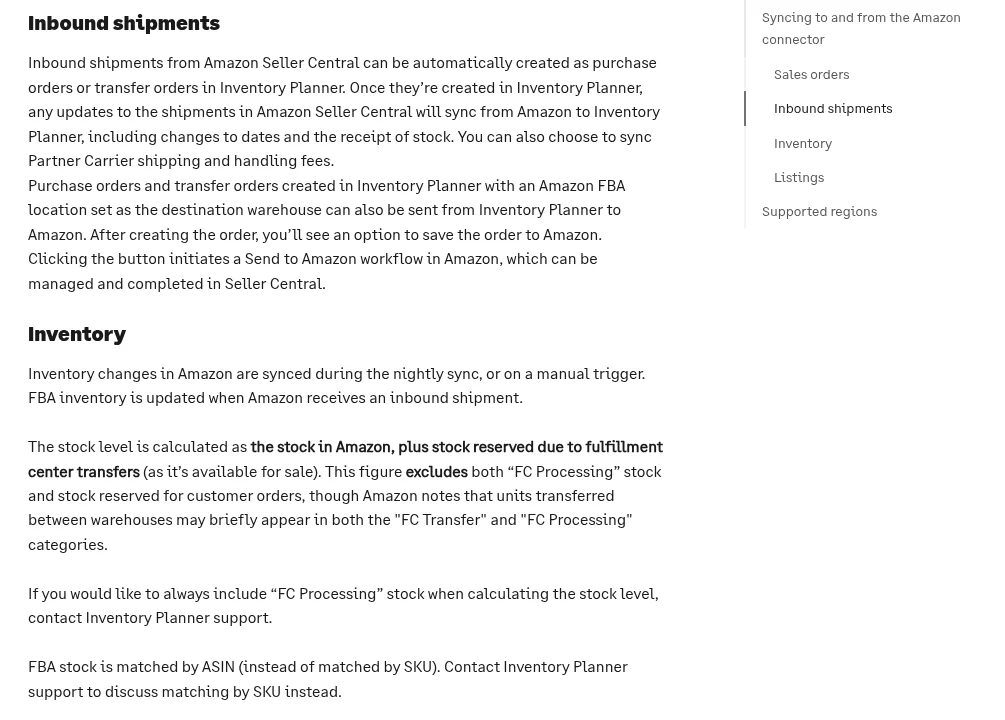 Inventory Planner help article on the Amazon connector, showing the inbound shipments section about syncing Seller Central shipments as purchase orders or transfer orders, and the inventory section about nightly syncs and FBA stock matched by ASIN