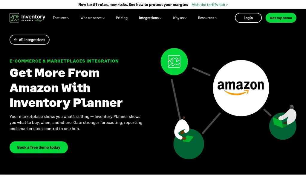 Inventory Planner by Sage Amazon integration page with the headline Get More From Amazon With Inventory Planner and a Book a free demo today button