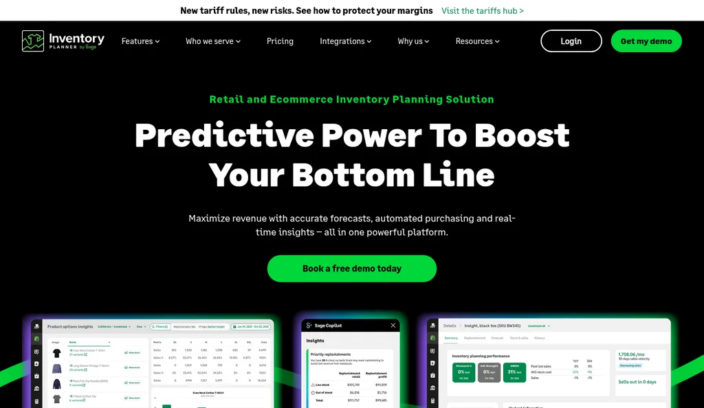 Inventory Planner by Sage homepage with the headline Predictive Power To Boost Your Bottom Line and a Book a free demo button