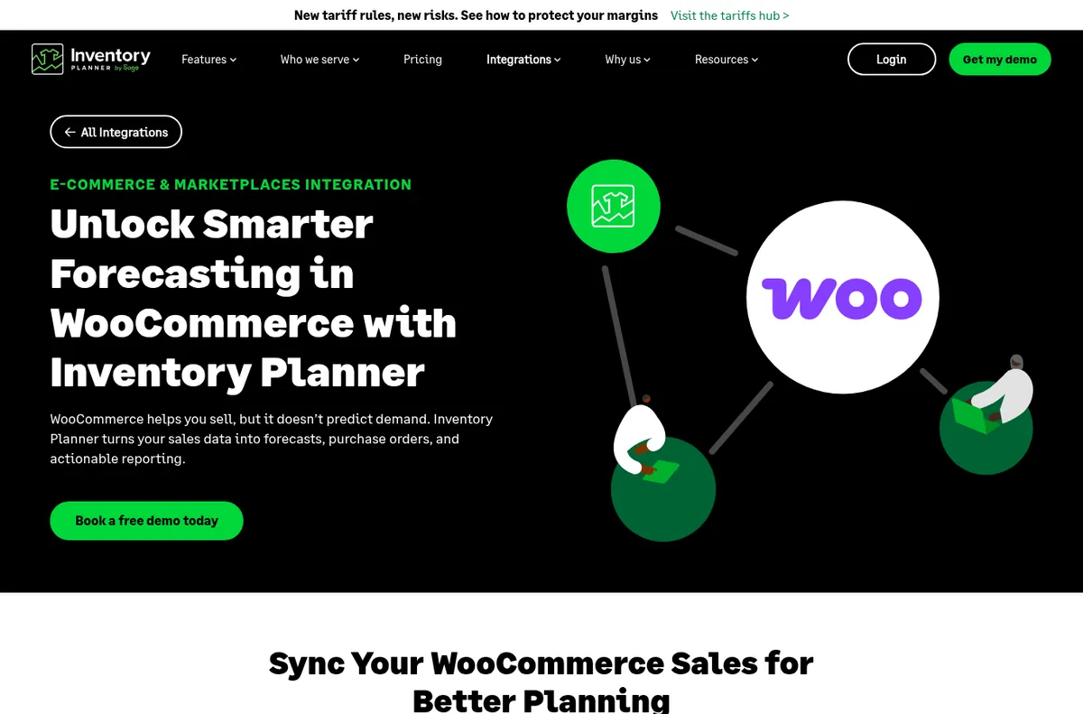 Inventory Planner by Sage WooCommerce integration page with the headline Unlock Smarter Forecasting in WooCommerce with Inventory Planner and a Book a free demo today button