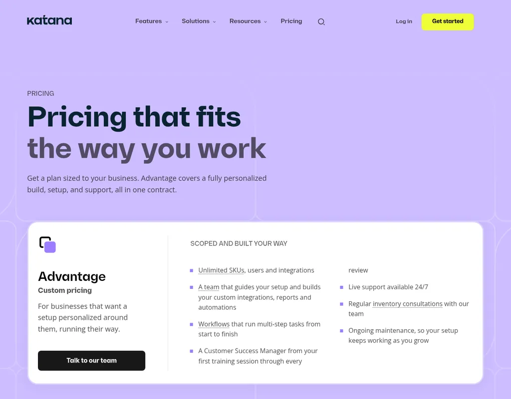 Katana pricing page showing the Advantage plan with custom pricing, a personalized setup, and a Talk to our team button