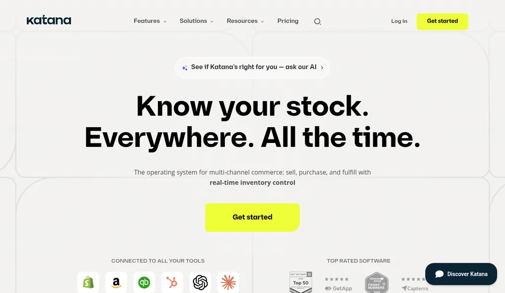 Katana homepage with the headline Know your stock. Everywhere. All the time. and logos of supported sales channels