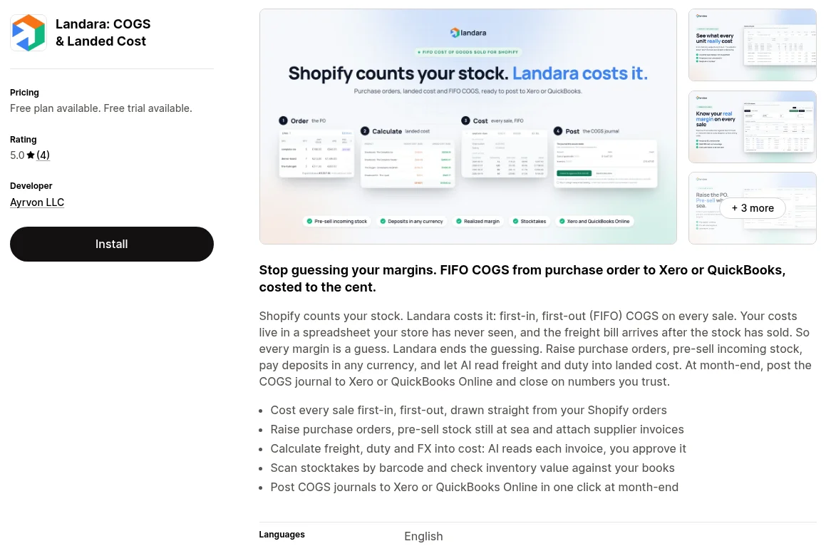 Shopify App Store listing for Landara COGS and Landed Cost app showing purchase orders, landed cost, and FIFO COGS posted to Xero or QuickBooks