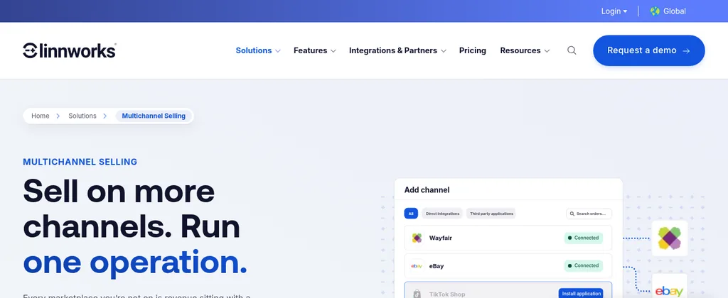 Linnworks multichannel selling page with the headline Sell on more channels. Run one operation. and an Add channel panel listing Wayfair, eBay, TikTok Shop, Amazon, and Shopify