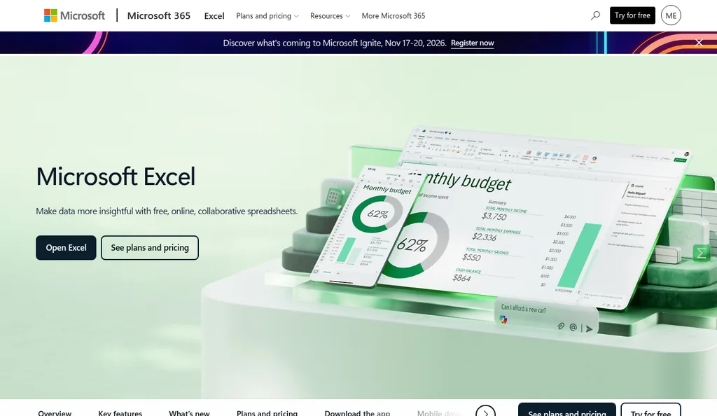 Microsoft Excel product page describing free, online, collaborative spreadsheets with an Open Excel button