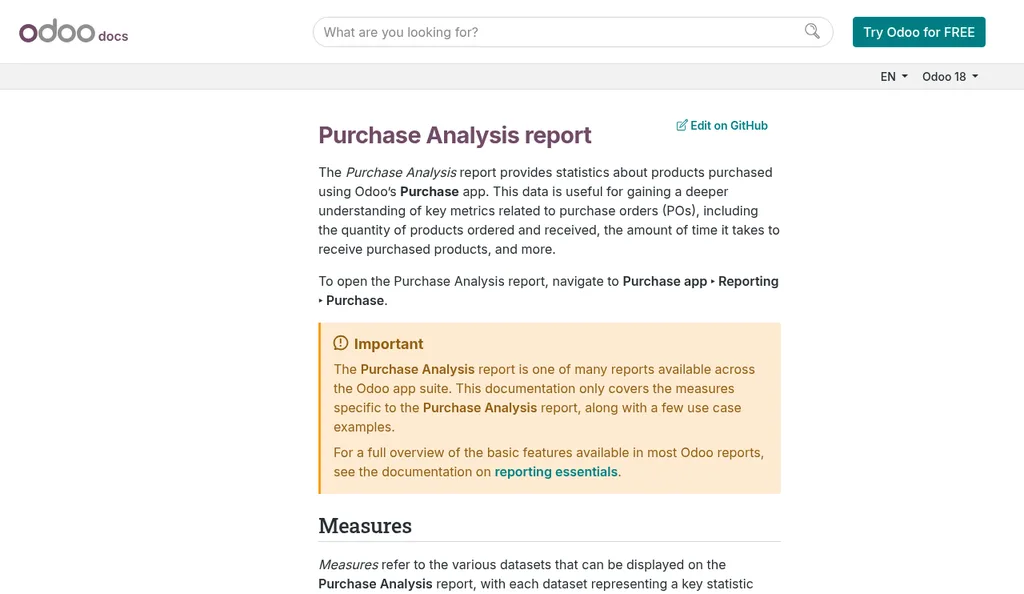 Odoo 18 documentation page for the Purchase Analysis report, which shows statistics about purchase orders including the time it takes to receive products