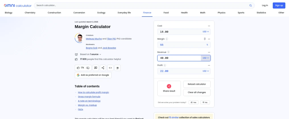 Omni Calculator margin calculator with $18 cost and $40 revenue showing a 55% margin and $22 profit