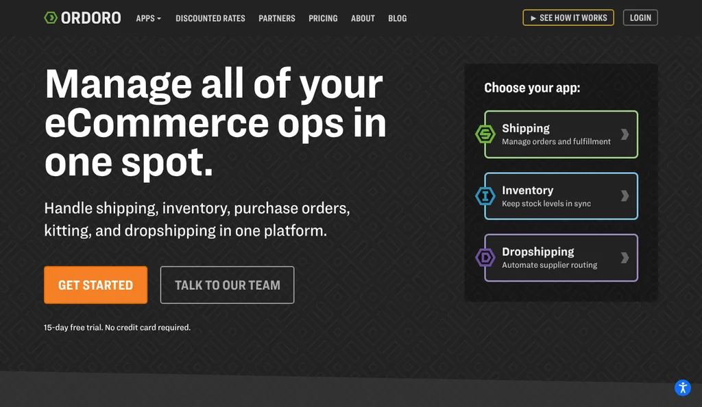 Ordoro homepage with the headline Manage all of your eCommerce ops in one spot and options for Shipping, Inventory, and Dropshipping apps
