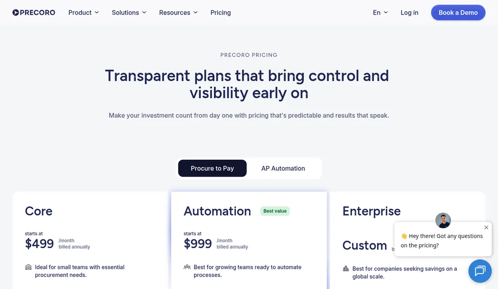 Precoro pricing page showing Core from $499 a month and Automation from $999 a month billed annually, and a custom Enterprise plan