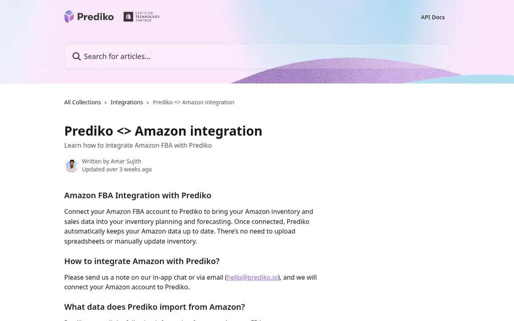 Prediko Help Center article titled Prediko Amazon integration explaining that connecting Amazon FBA brings Amazon inventory and sales data into planning and forecasting