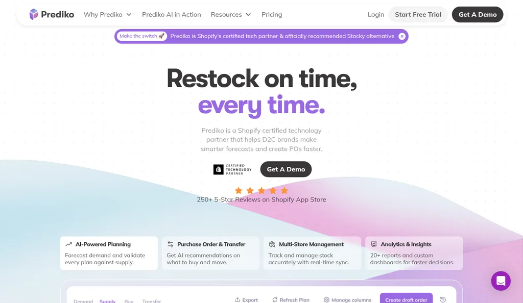 Prediko homepage with the headline Restock on time, every time and a note that it is a Shopify certified technology partner